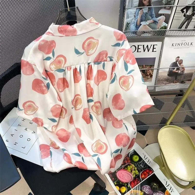 Retro Cute Fruit Peach Full Print Short Sleeve Shirts Harajuku Students Loose Oversized Summer Blouse Button Up Camisa Goth Coat