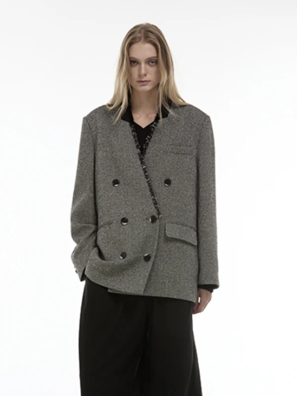 

Женский модный вязаный костюм с низким воротником, двубортный, в стиле кэжуал, с эффектом потертости и смешанными цветами, весна 2025