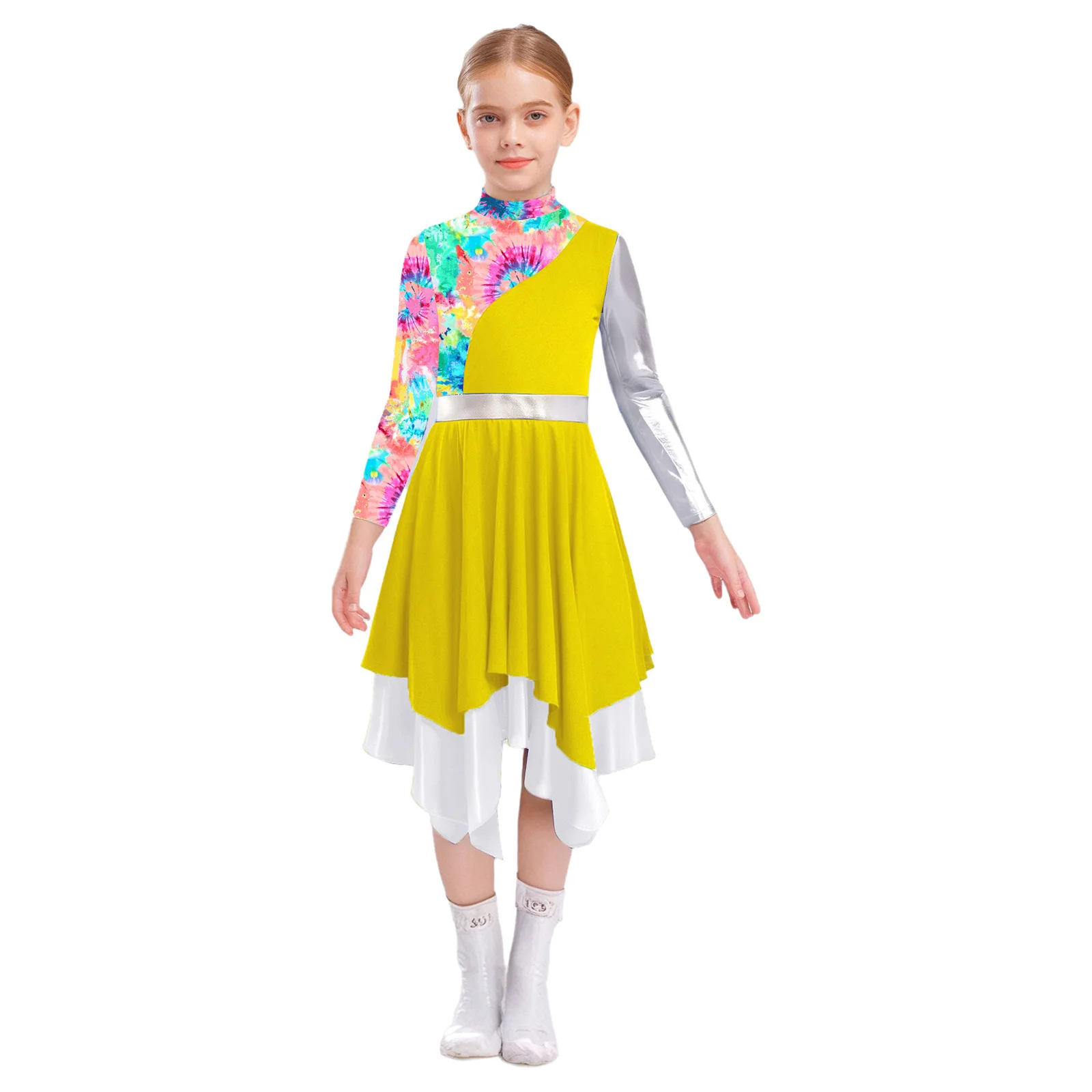 Kids Girls Liturgical Praise Modern Lyrical Dance Tunic Dresses Print Metallic Church Worship Dance Choir Performance Costume - Image 4