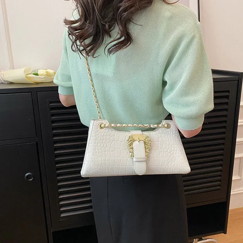 New Fashion Women\'s Crocodile Pattern Chain Shoulder Bags Handbags 2023 Luxury Chic Underarm Bags Clutch Blue Green Armpit Bags