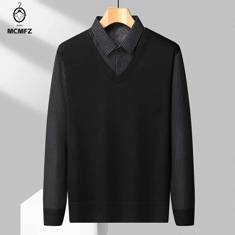 Mens Fake Waistcoat Knitted Pullover Shirt Collar Thick Thermal Fleece Lined Vertical Stripe Long Sleeve Outdoor Office Top