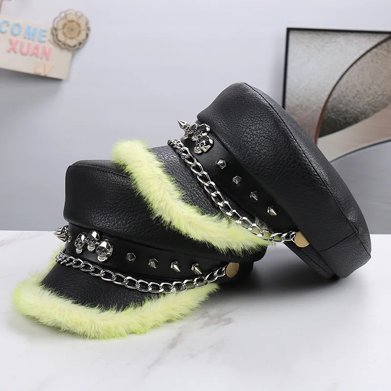 

New 2026 Korean Women Men Vintage Leather Skull Claw Chain Black Flat Cap Newsboy Painter Classic Visor Peaked Hat Belt Decor
