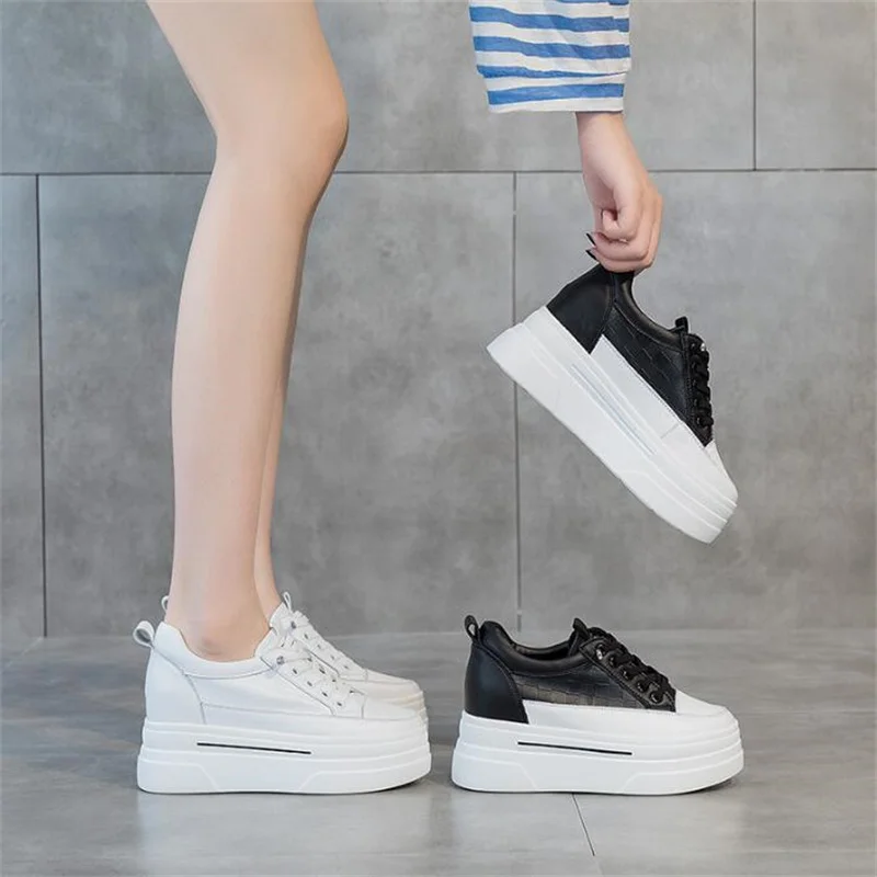 Women Platform 7CM Full Cow Genuine Leather Sneakers Wedge White High Heel Women Casual Shoe Black Chunky Sneakers Spring Autumn