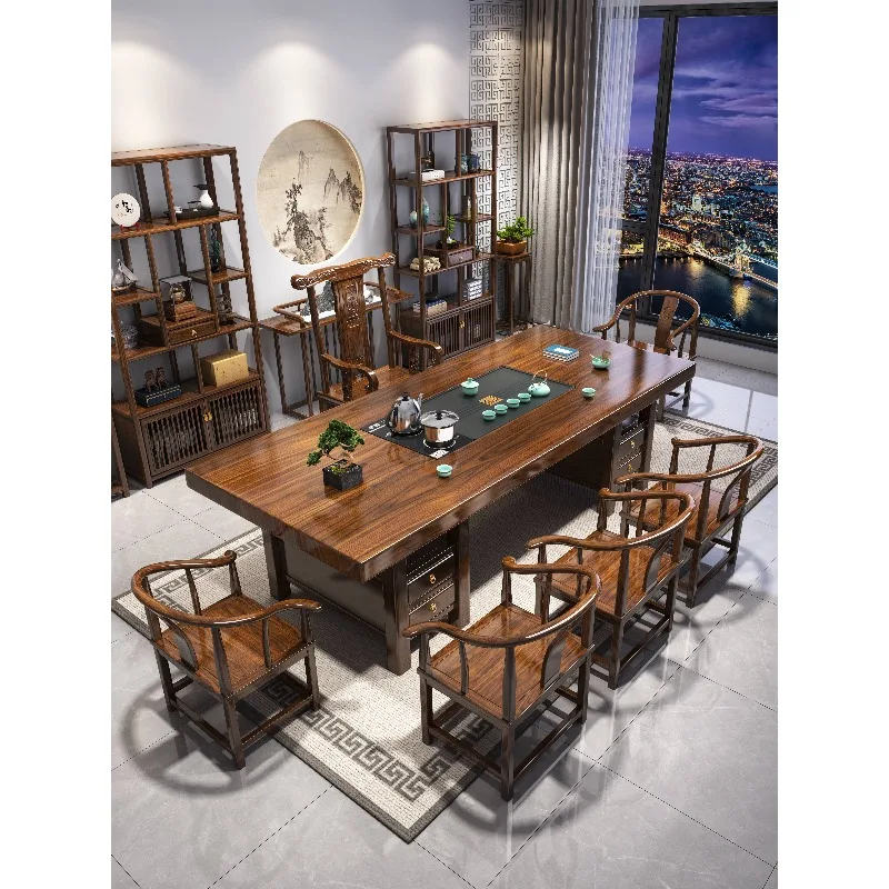 

Solid wood log tea table and chair combination one and five chairs new Chinese coffee office home tea table