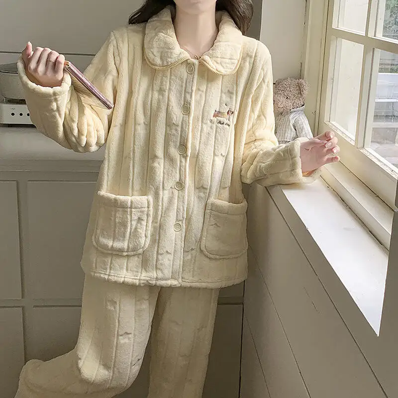 

Women's Homewear Pajamas Long Sleeve Sleepwear Set Girl Keep Warm Comfortable Homeclothes Cartoon Embroidery Soft Sleepcoat Suit