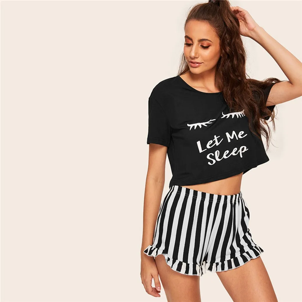 

Loungewear sexy Nightwear back-night-outfit wife home chemise Womens Pajama Sets short-Sleeve Stripe letter short-sets Sleepwear