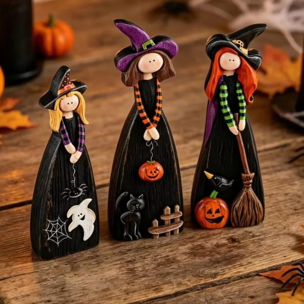 2D Design Halloween Witch Figurine Wooden Material Black Cat Accent Witch Model Pumpkin Accent Ghostly Accent
