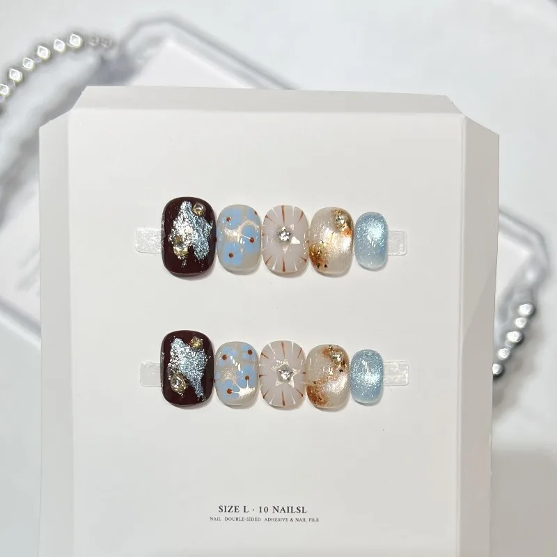 

Handmade Handmade Acrylic Nails Press on Short Cat Eye Fake Nails for Gluing Ready Nail Tips Sticky Nails with Box and Tools