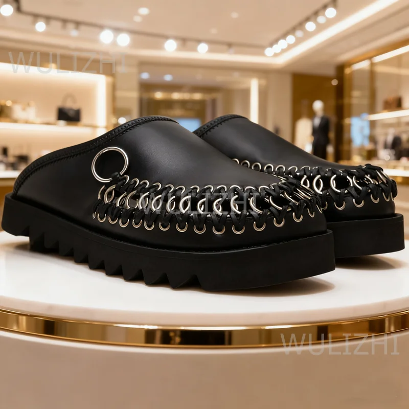 

Wulizhi Brown Suede Stitched Trim Flat Slippers Men Black Leather Loafers Metal Buckle New Design Simple Stylish Round Toe Shoes