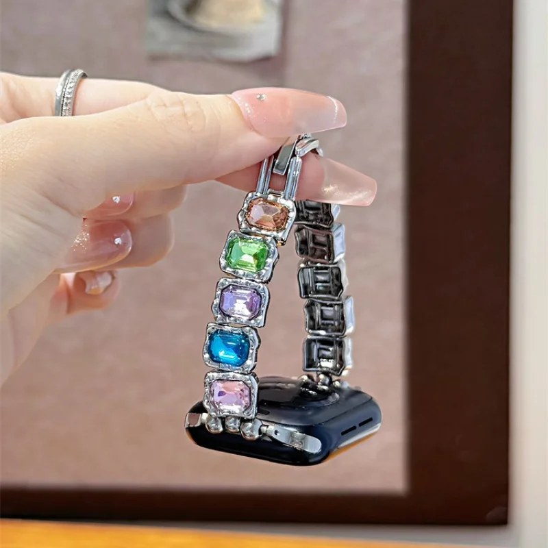 

Square Sugar Color Diamond Inlaid Metal Exquisite Compatible iWatch Strap 38mm 40mm 41mm 42mm 44mm 45mm 49mm Fashion Strap