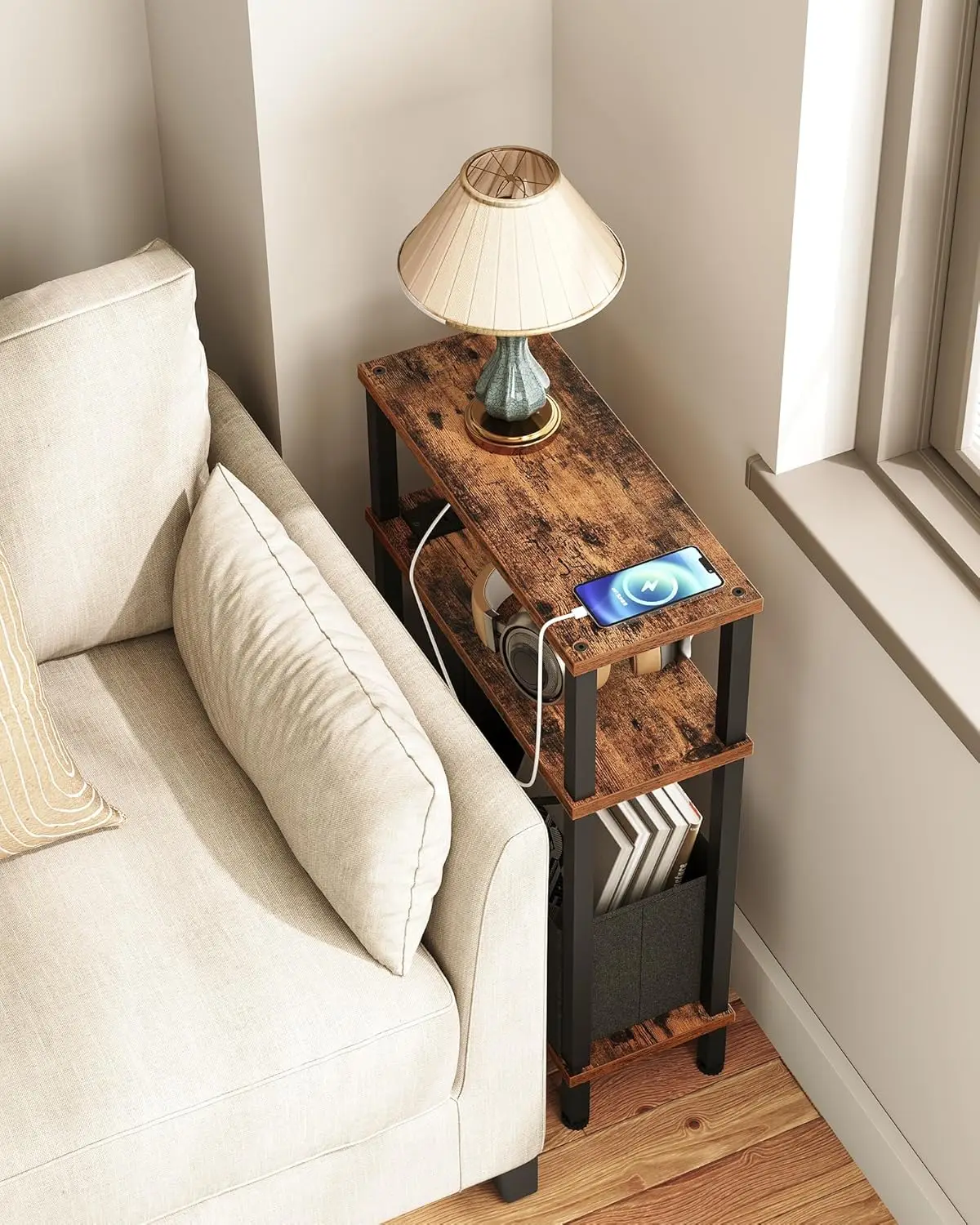 

Small Narrow Side Table with Charging Station, Skinny End Table with Fabric Basket, Slim Nightstand for Small Spaces, Sofa Si