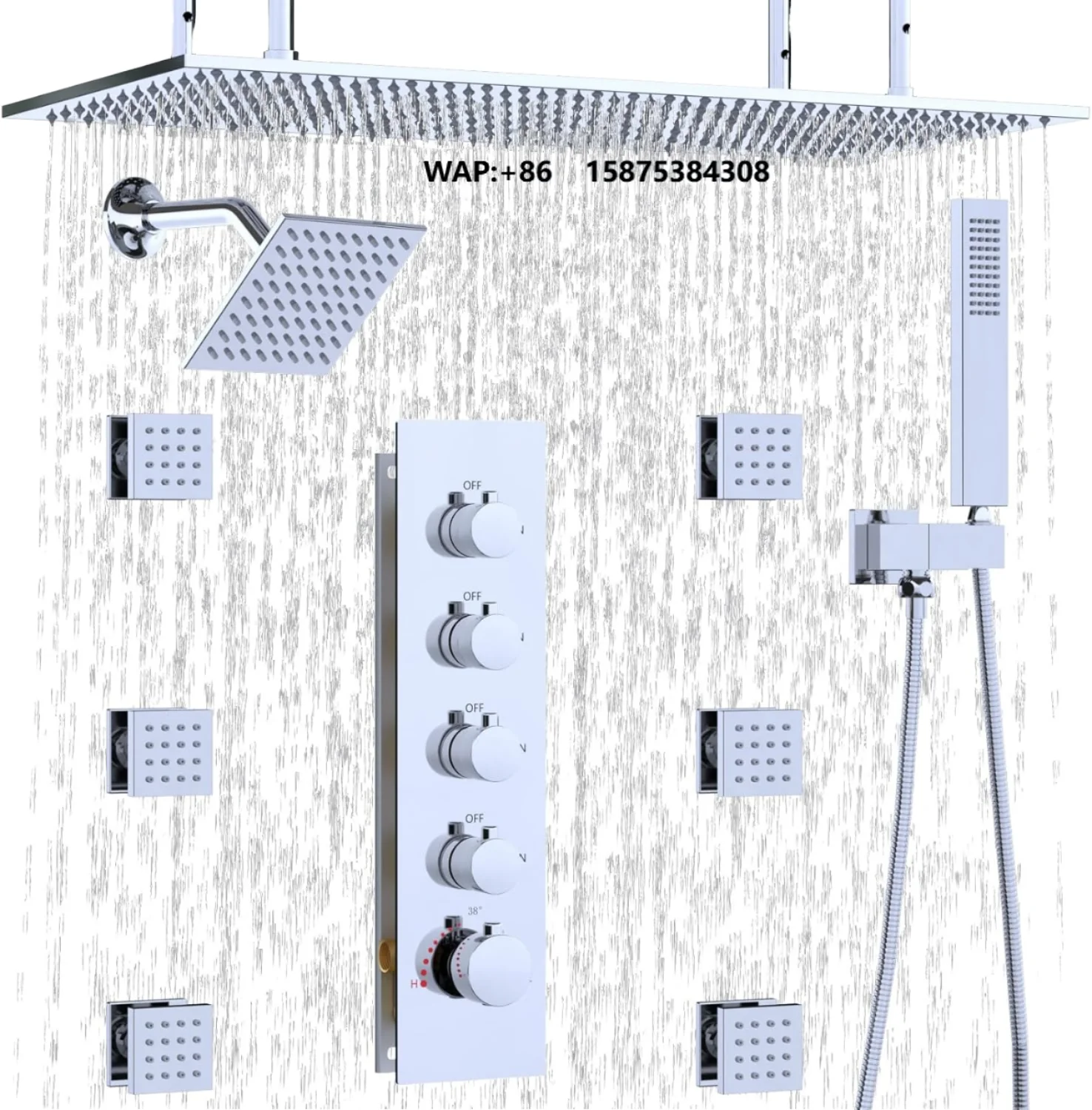 Luxury Rectangle Complete Hand Shower Head Set 3 Modes Soft Rain Jet with Chrome Finish Brushed Waterfall-Bathroom Accessory