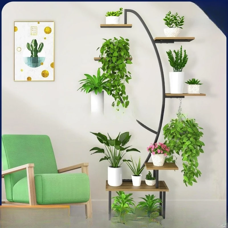 Balcony flower stand indoor three-layer iron-wood combined shelf succulent dill plant stand iron flower stand