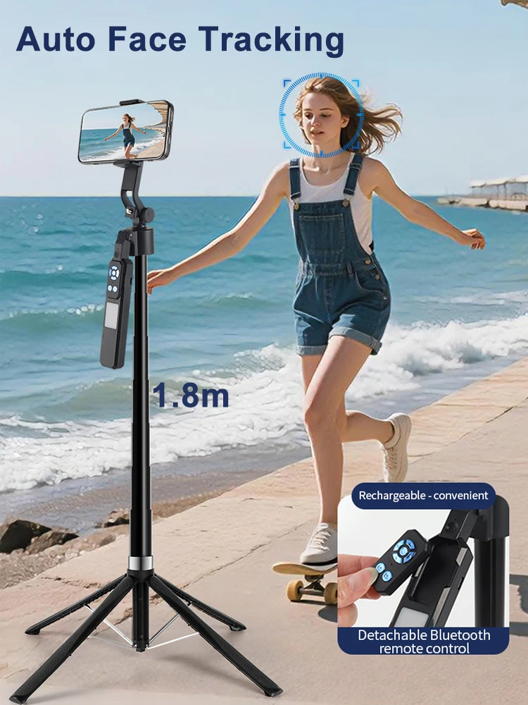 1800mm Auto Face Tracking Tripod Foldable Selfie Stick 360 Rotation Remote Control Phone Holder with light for Smartphone