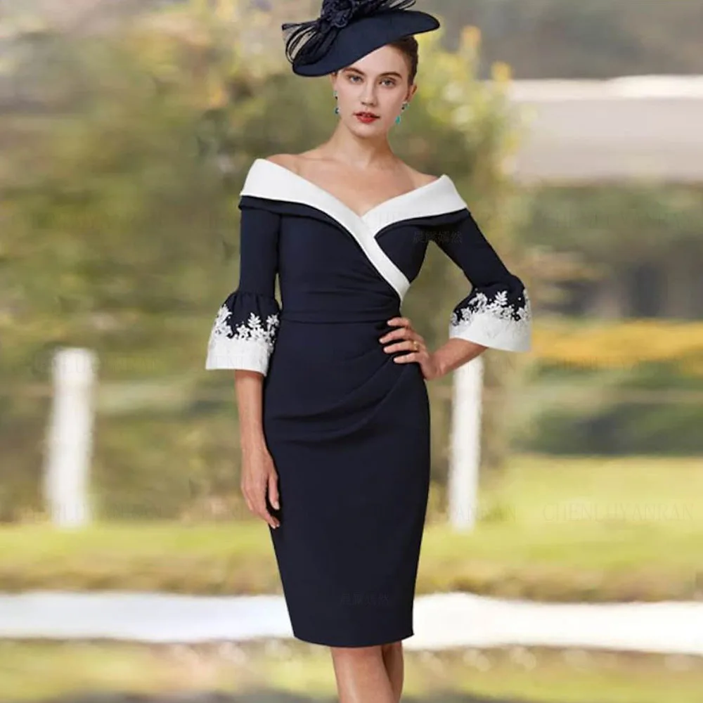 

Sexy Mother of the Bride Dresses 2025 V-Neck Applique Sheath Wedding Party Gowns Knee-Length 3/4 Sleeves Elegant Dress For Women