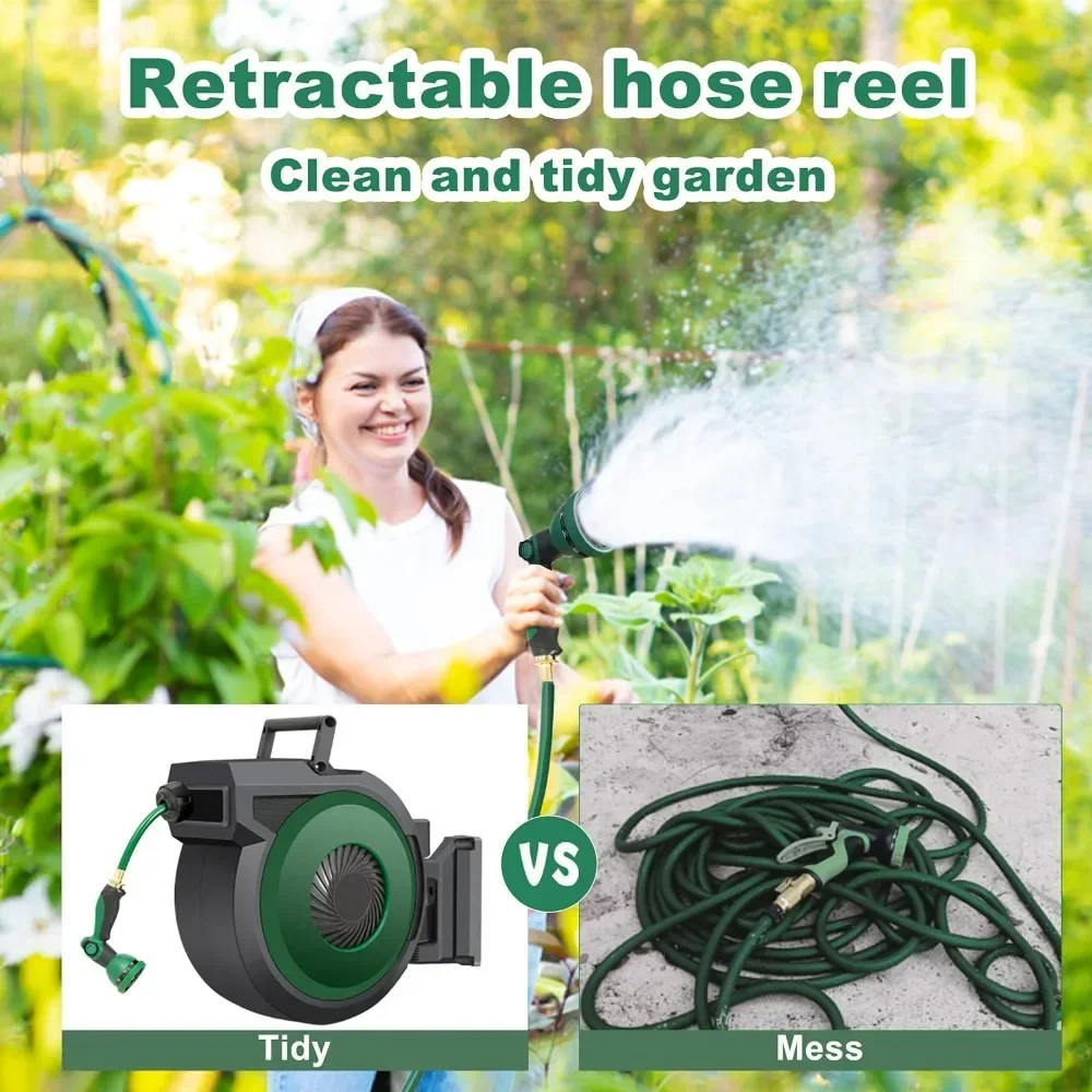 Garden Hose Reel, 1/2 Inch x 130 FT + 6 FT Wall Mount Hose Reel with Automatic Slow Rewind System, for Garden Watering