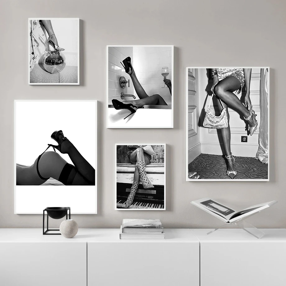 Fashion Luxury Black And White Heels Posters Disco Ball Minimalistic Prints Canvas Painting Wall Pictures Home Girl's Room Decor