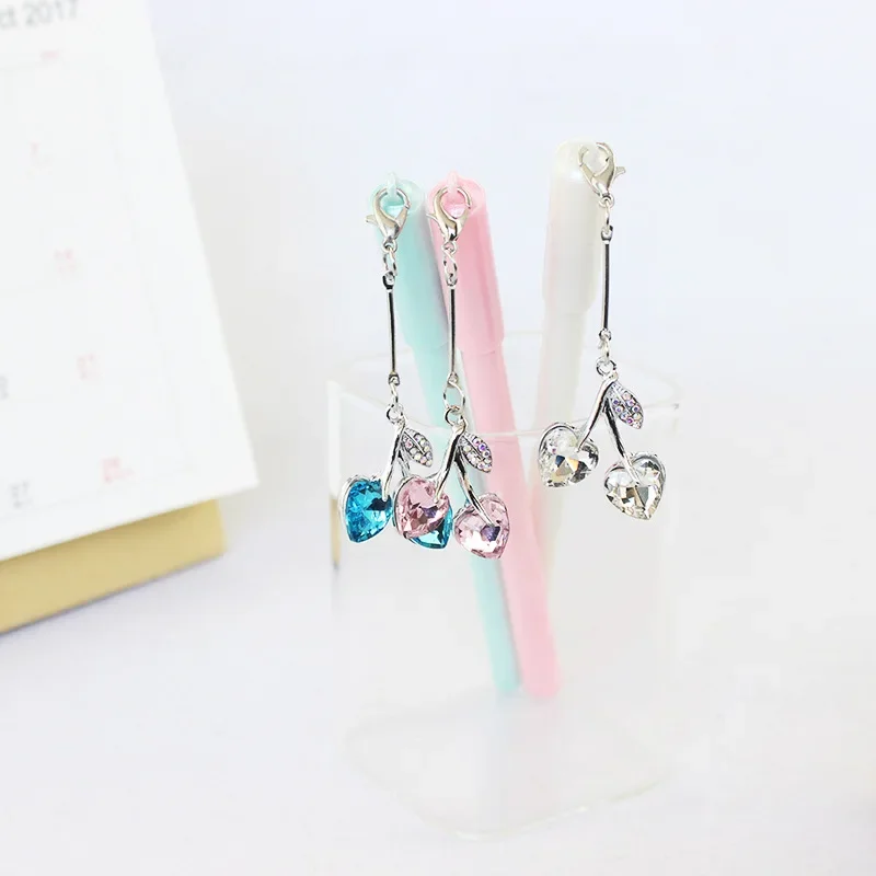 

24pcs Korean popular creative crystal cherry pendant gel pen black ink pen student cute stationery