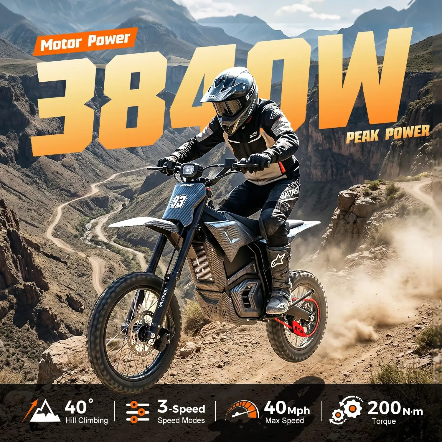 Motocicleta eléctrica todoterreno VALTINSU EM5 48V 3840W, bicicleta eléctrica todoterreno con un potente torque de 200N.m y neumáticos gruesos de 14"/12", bicicleta eléctrica de alto rendimiento para adultos.