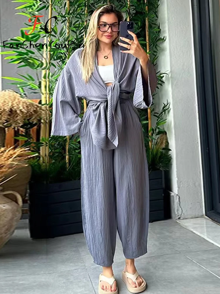 Women\'s Sets 2024 Spring Summer Casual Oversize Flare Sleeve Cardigan Loose High Waist Ankle-Length Pants Cotton 2-pieces Suit