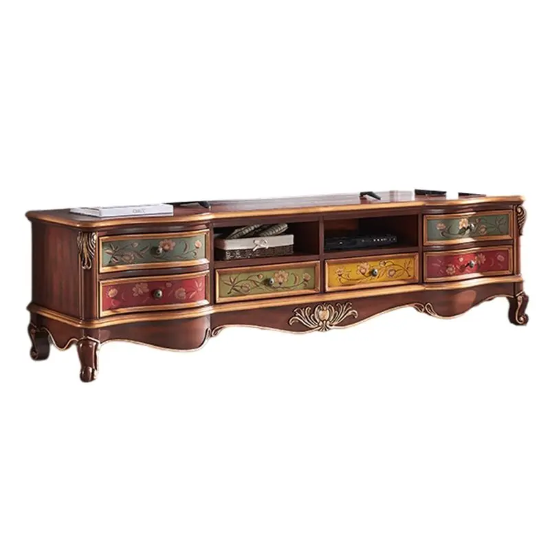 

European TV cabinet solid wood American hand-painted coffee table retro painted combination engraved bedroom living room French