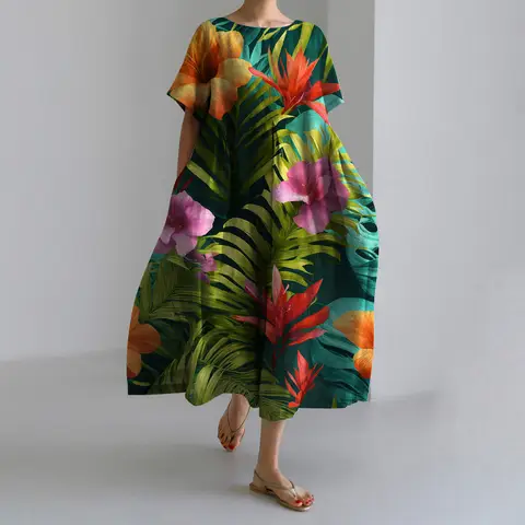 Summer Bohemian Midi Dresses Women's Hawaiian Printed Vacation Dresses Round Neck Beach Party Swing Dresses Homecoming Casual