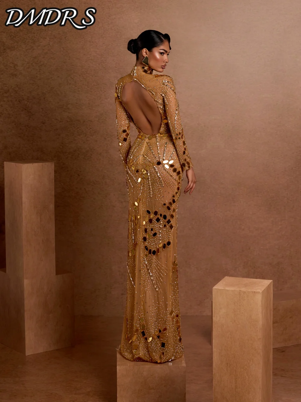 Vestido de noite romântico de manga comprida, charmoso vestido de festa com contas de cristal, linha A formal, comprimento até o chão, vestidos de festa