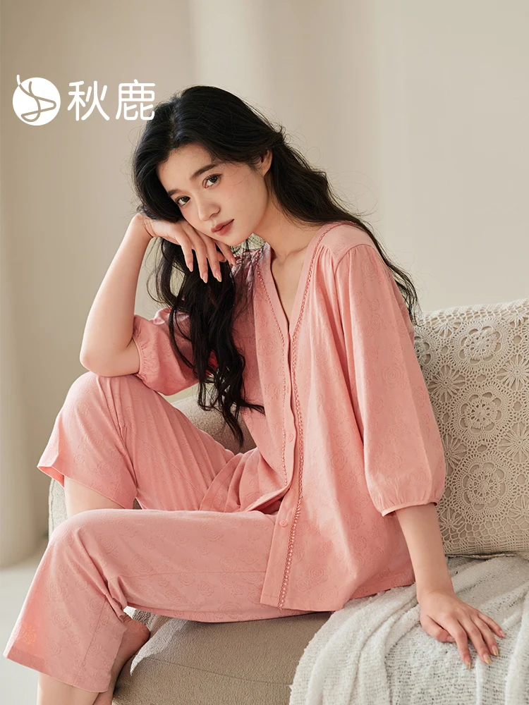 autumn-deer-peony-knitted-cotton-sleepwear-women's-spring-autumn-high-end-feeling-seven-quarter-lantern-sleeve-home-clothes-set