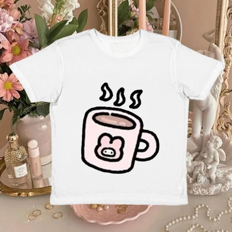 Sanrio Hello Kitty Teacup Y2k Printed Cartoon Anime2024 Summer New American Style Cute Slim Fit Versatile T-shirt Tops