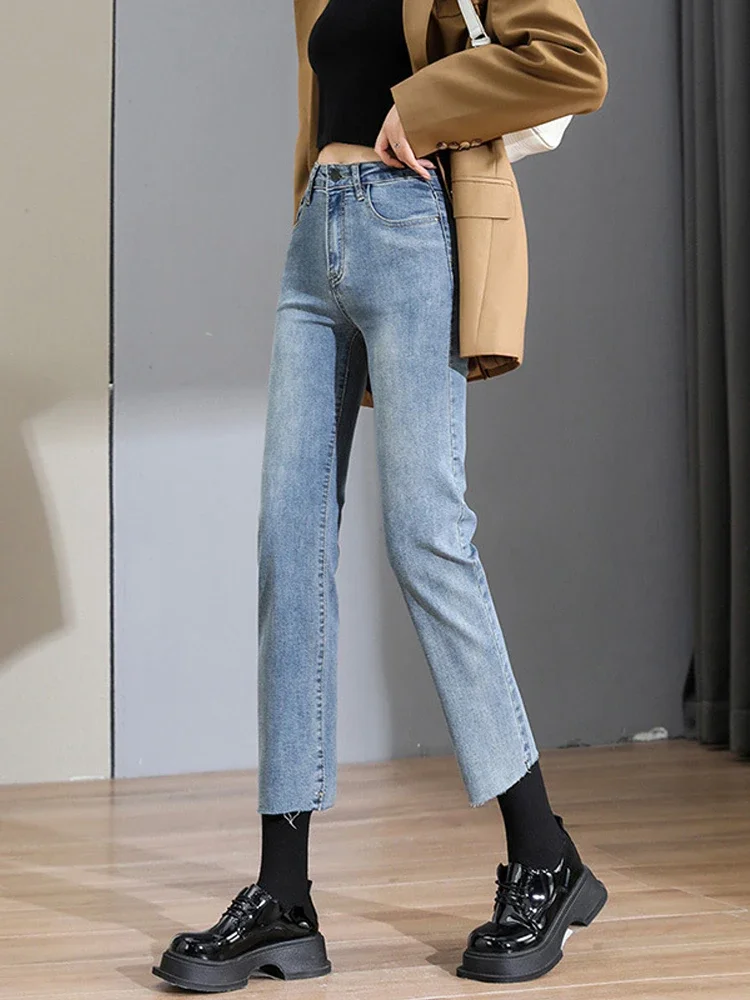 Light blue jeans women ankle length washed high waist pockets y2k female denim pants straight leg streetwear boyfriend 2024