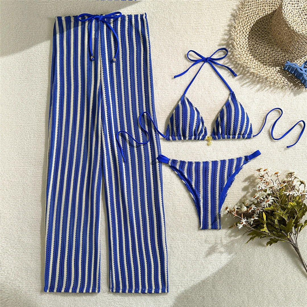 5 Farben mit Hose, gestreifter Neckholder-Bikini, Damen-Badebekleidung, dreiteiliger Bikini-Set, Badeanzug, Badebekleidung, Schwimmbekleidung V7838P – Detail 22