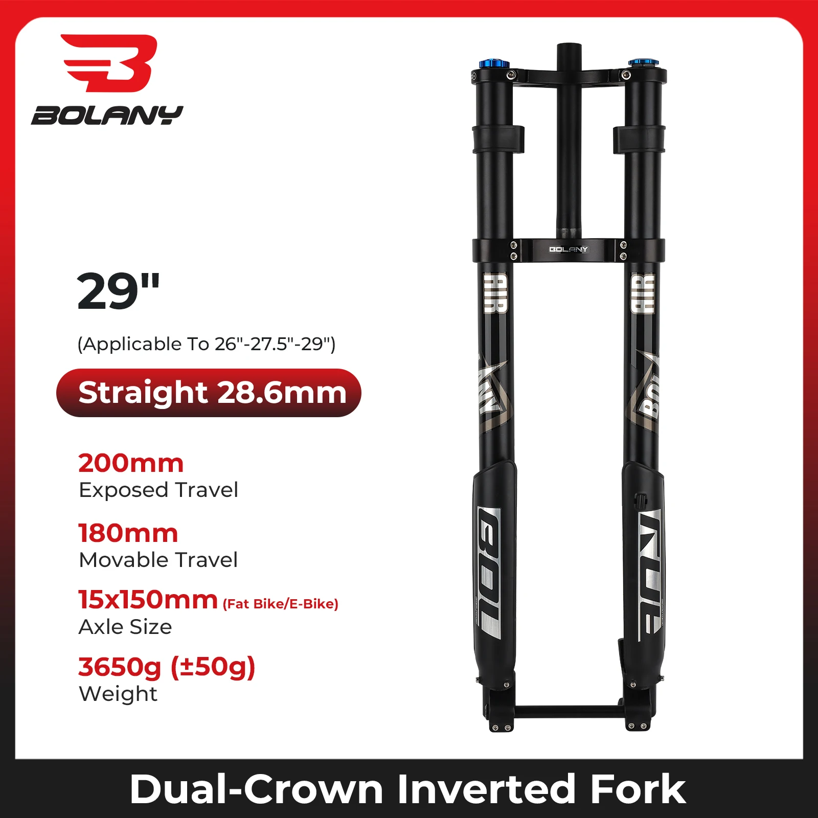 BOLANY Umgedrehte Fahrradgabel mit doppelter Schulter, MTB-Gabel für Downhill-29-Zoll-Boost-Gabel, Steckachse, Federweg, 140 mm, verstellbare Dämpfung
