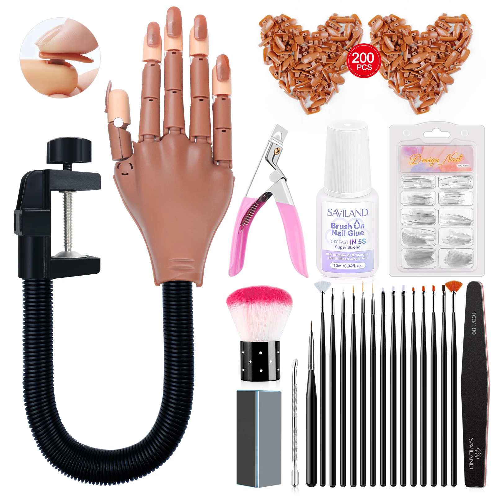 Saviland Nail Practice Hand Set Professional Nail Art Training Hands with 200pcs Nail Tips Glues Brush Clipper For Beginners