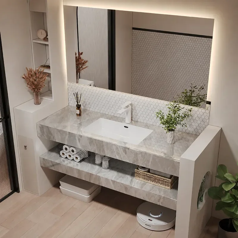 BTV4 New Double Layer Rock Slab Seamless Ceramic Basin Corian Integrated Sink Face Wash Station Bathroom Cabinet Combination