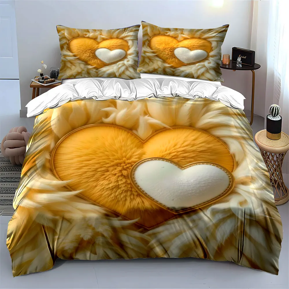 Golden and white hearts on fluffy background Bedding Set for Kids Luxury Gift 3pcs Digital Print Comforter Set Soft Comfortable