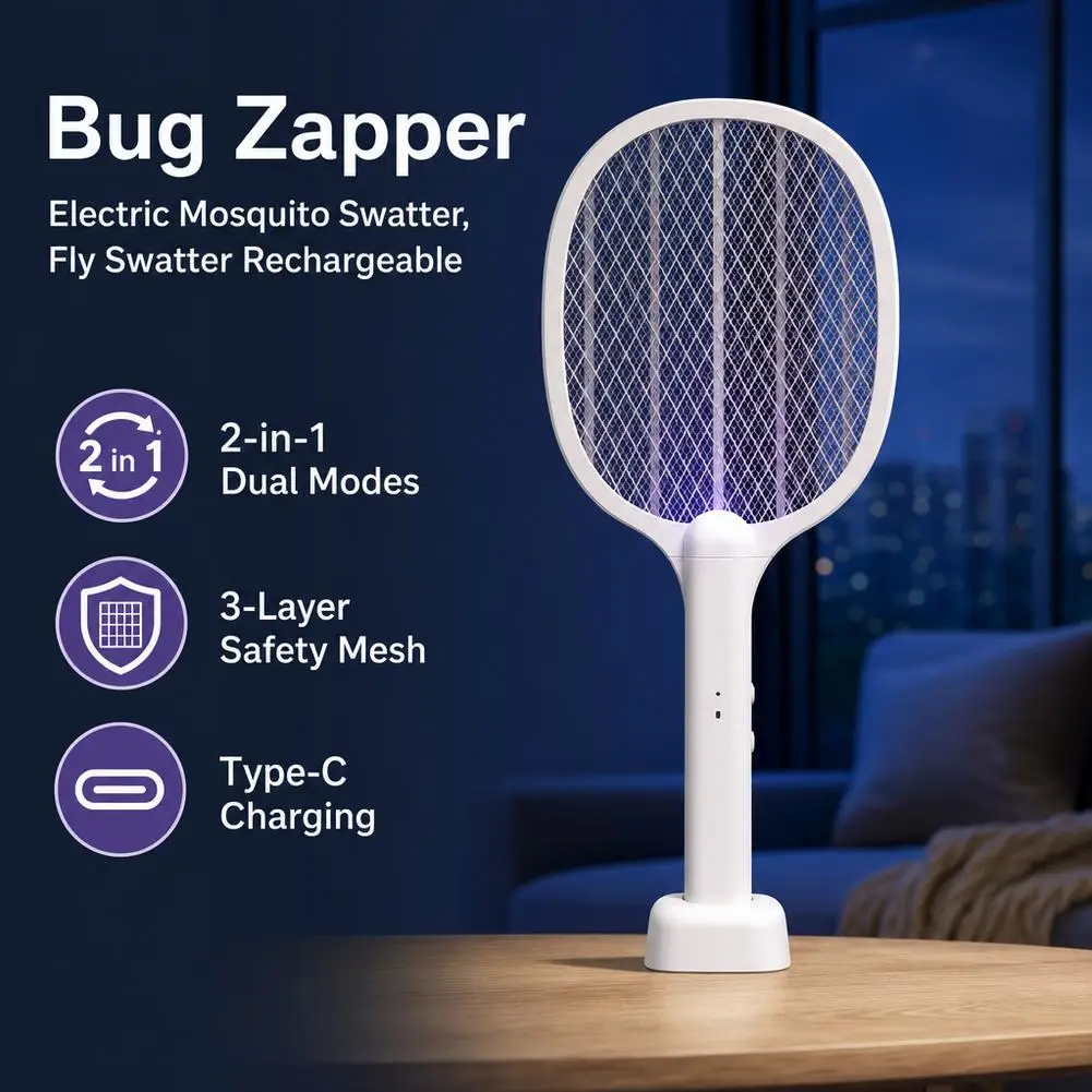 Multi Functional Bug Zapper Racket Usb Rechargeable Mosquito Killer Safe 3 In 1 Electric Mosquito Swatter Pest Control Supplies