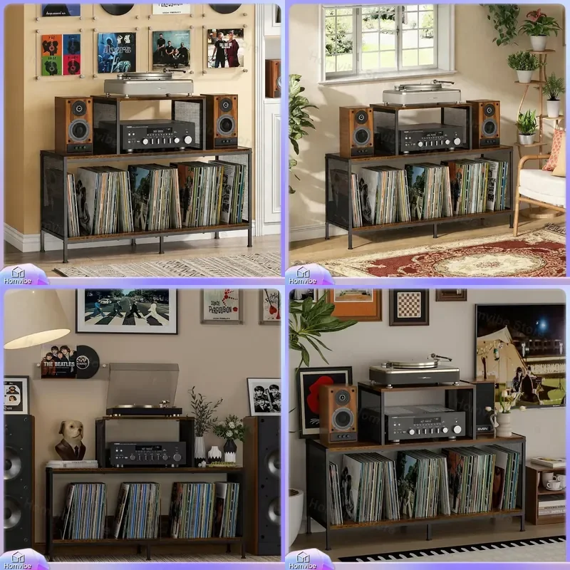Retro Floor Standing CD Vinyl Record Storage Rack Simple Book Document Display Shelf with Adjustable Baffle for Home