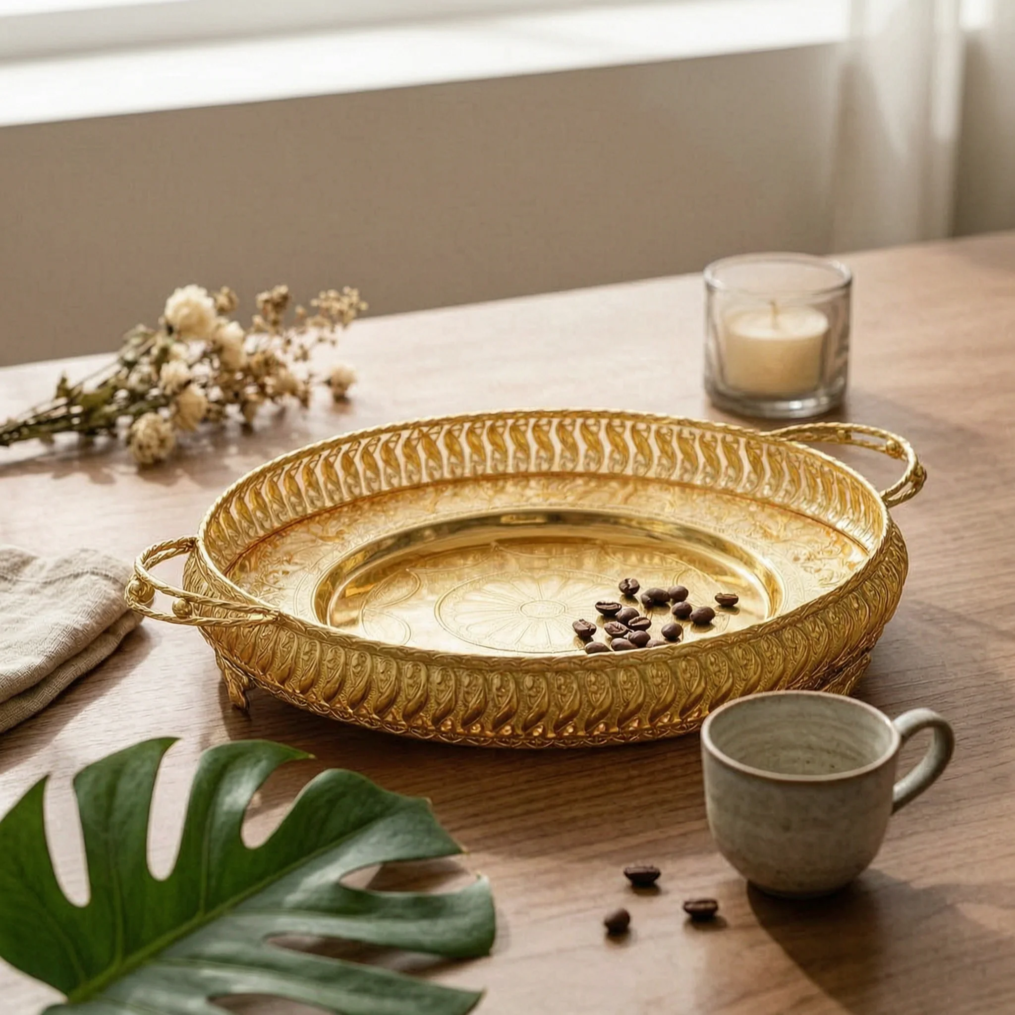 Oval Serving Tray Pierced Decorative Tray with Handles Oval Serving Platter Multipurpose Household Item Versatile