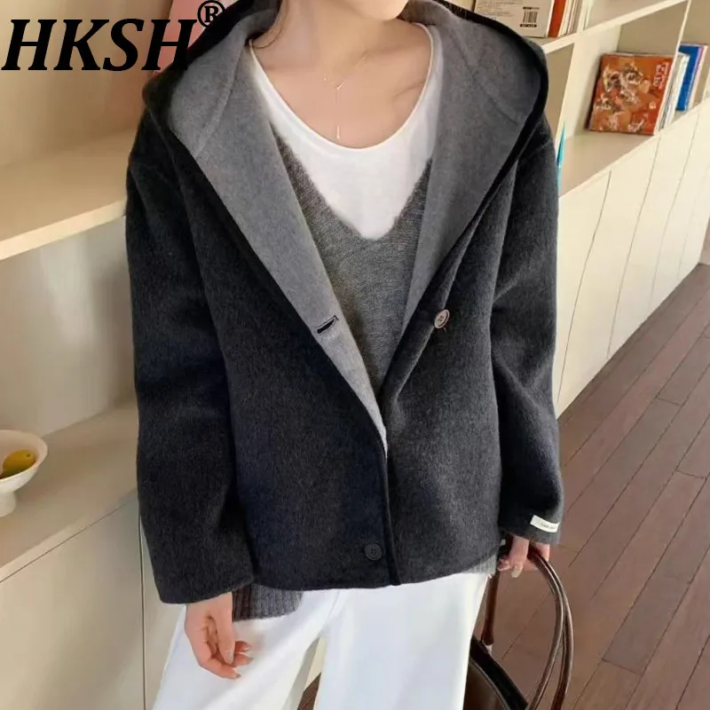 

HKSH 2023, осенне-зимняя новая женская короткая шерстяная куртка, однобортная универсальная повседневная элегантная шикарная куртка с капюшоном HK13538