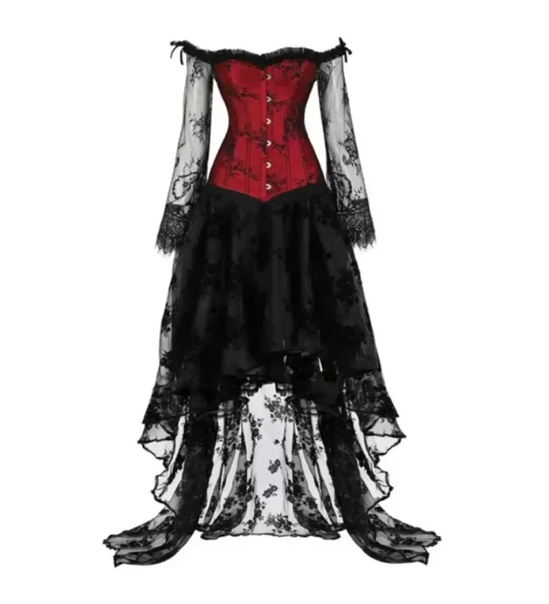 Black Floral Lace Gothic Dress Steampunk Corset Top Irregular Skirt Halloween Costume