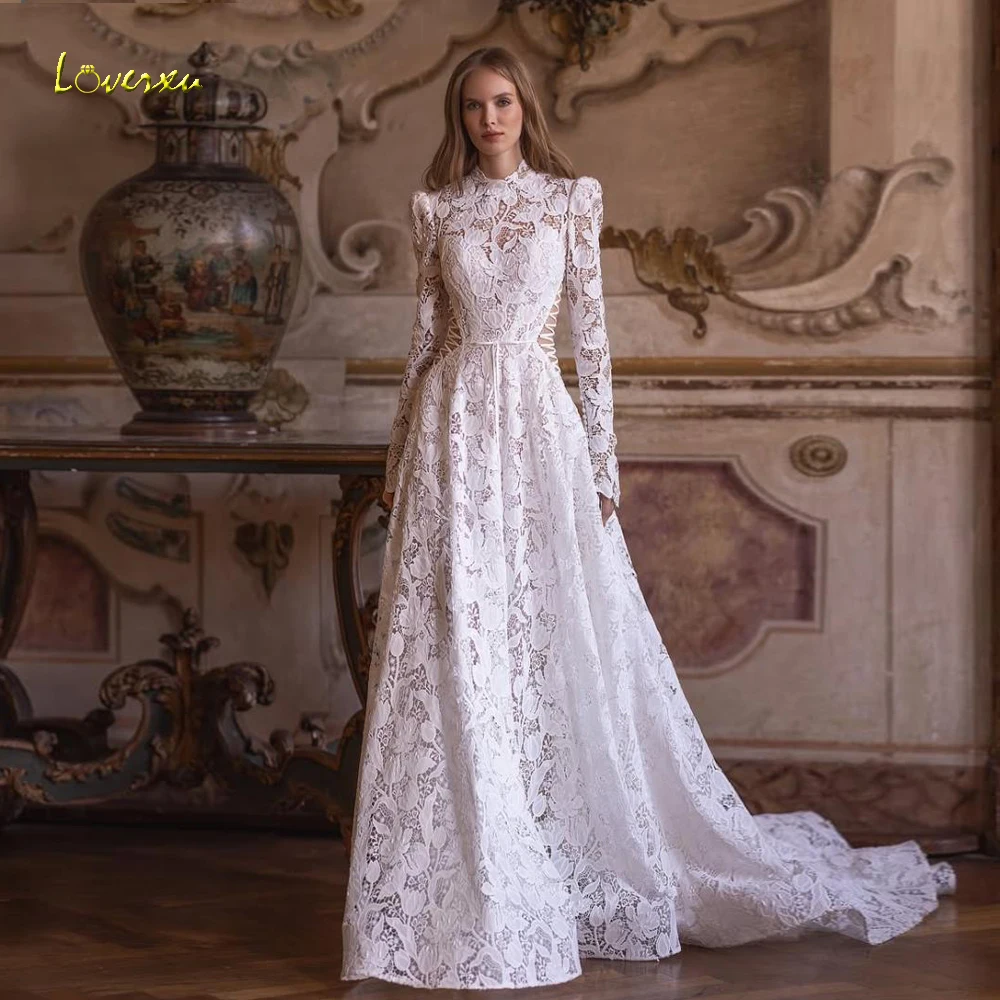 Loverxu A-Line Stunning Wedding Dresses For Women High Neck Vestido De Novia Lace Embroidery Elegant Custom Made Bridal Gowns