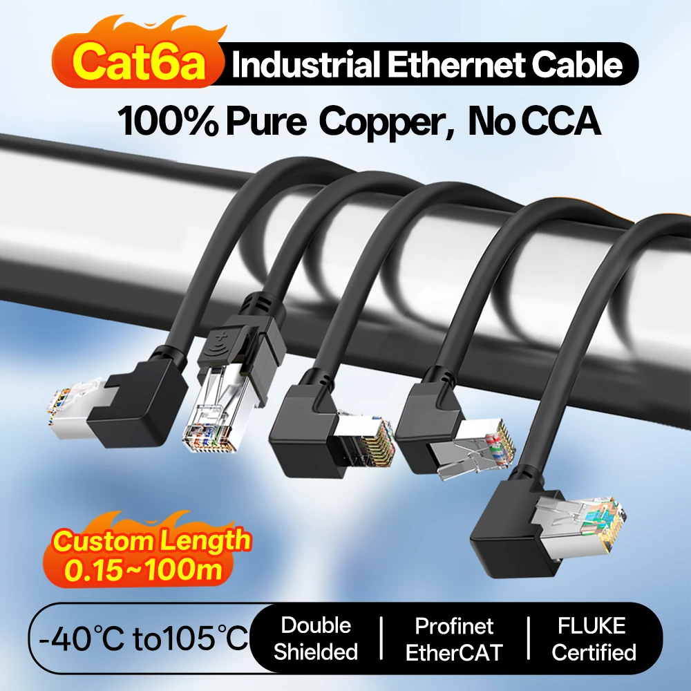 8 Core Cat6A Industrial Ethernet Cable Pure Copper Tinned Copper Braided Shielded Integrated Molded 90 Degree Right Angle RJ45