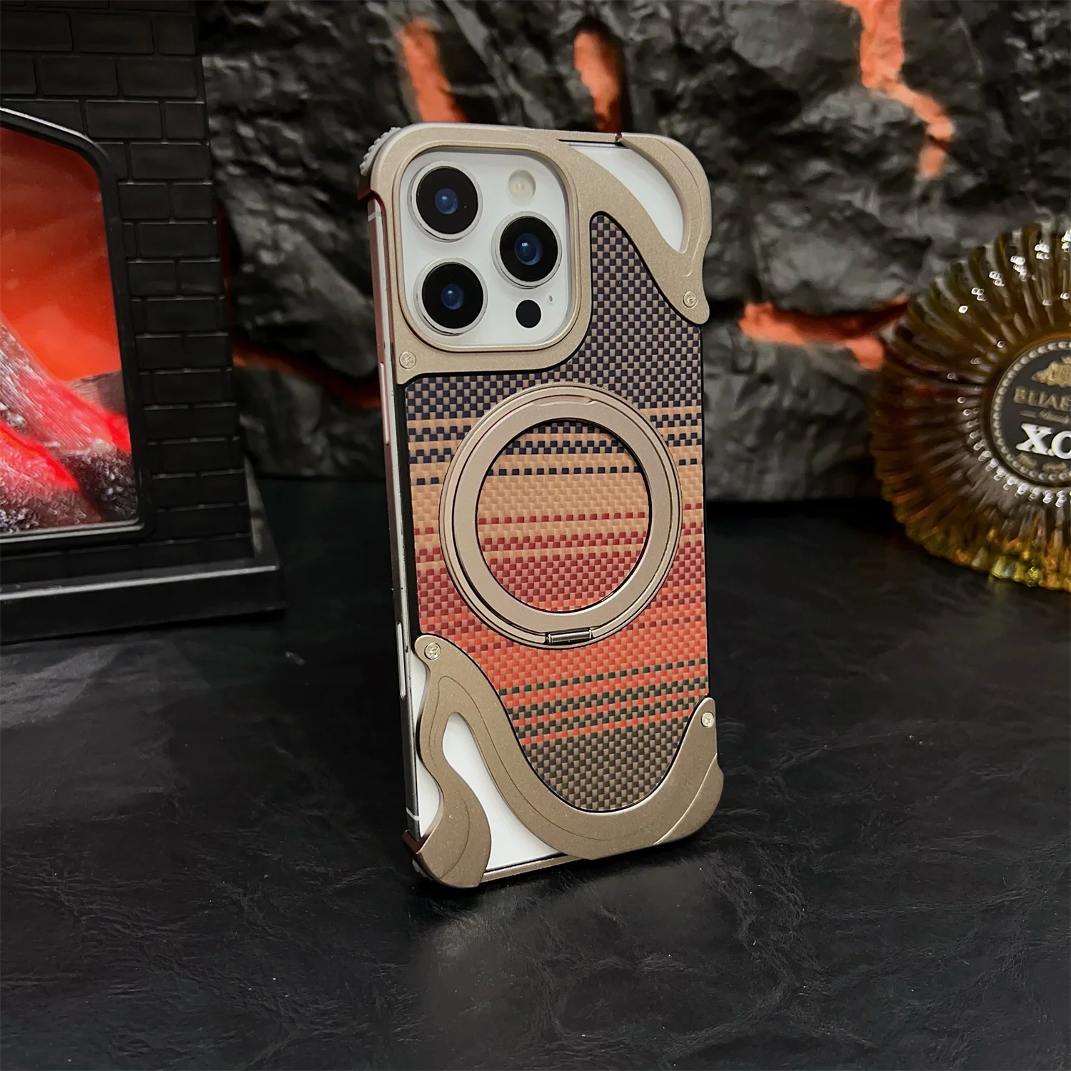 

Aramid Fiber Anti-fall Metal Phone Case For iPhone 14 15 16 Pro Max Shockrpoof Rotation Bracket Magnetic Ring Aluminum Cover