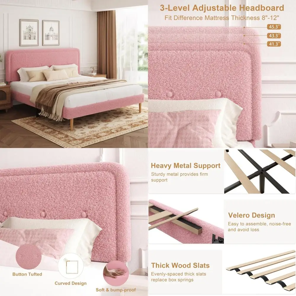 

Queen Size Upholstered Platform Bed Frame with Adjustable Headboard and Rounded Corners for Enhanced Safety