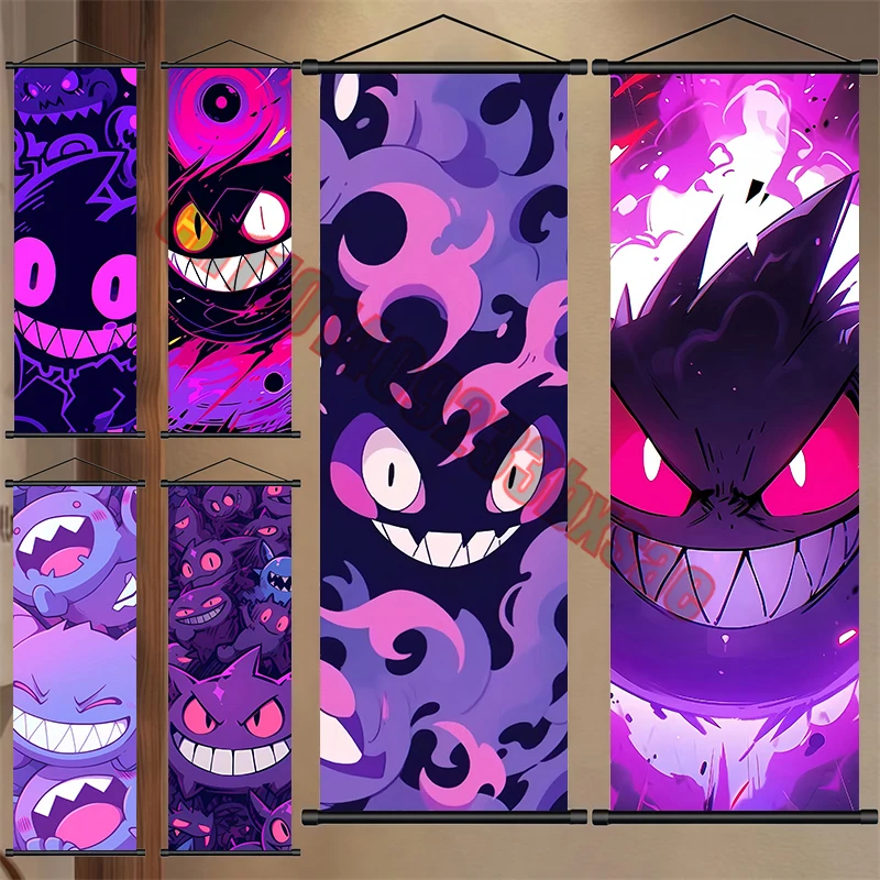 

Japanese Classic Anime Pokemon Gengar, Mewtwo, Bulbasaur Scroll Painting Suitable for Bedroom Living Room Wall Decoration Gift