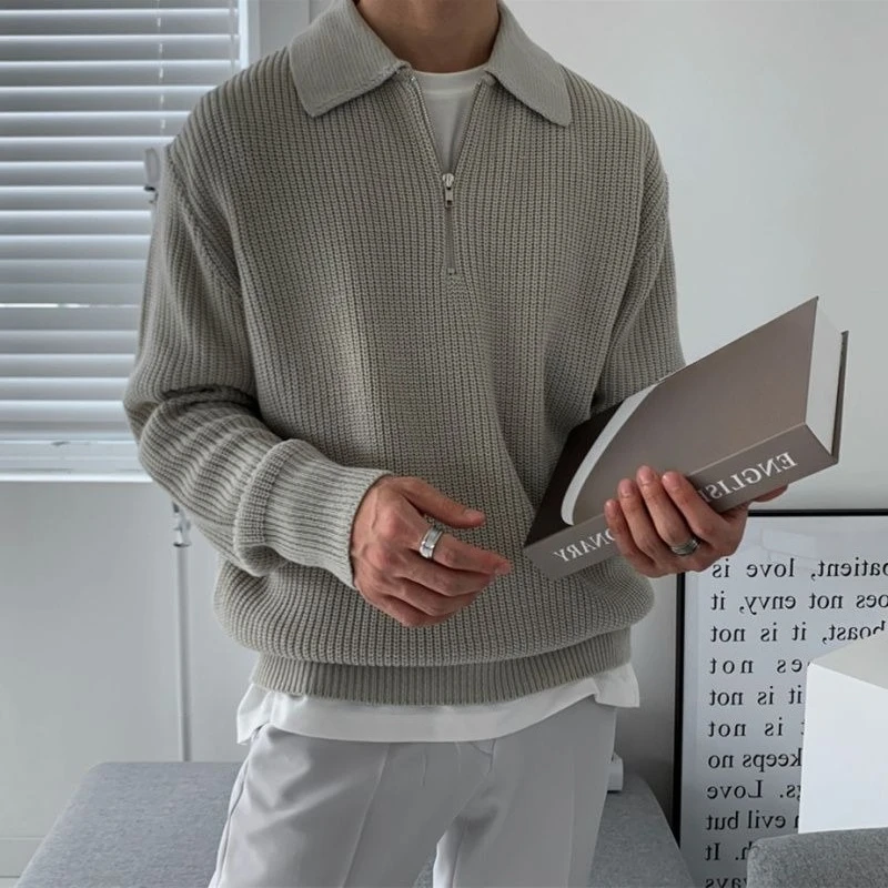 Polo Men's Knit Sweater Casual Woven Top Loose Fit Jumpers Korean Fashion Knitwear Streetwear Cheap Pullovers Male with Zipper