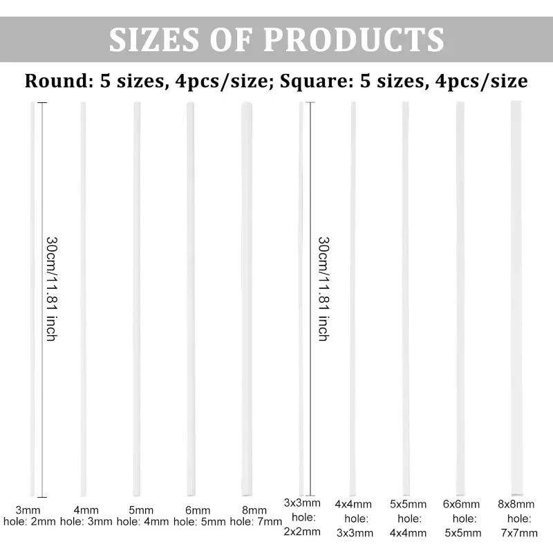 40 sztuk 10 rozmiarów Plastikowe rurki ABS Plastikowe okrągłe / kwadratowe pręty Biały plastikowy drążek do majsterkowania Ręcznie robiony stół z