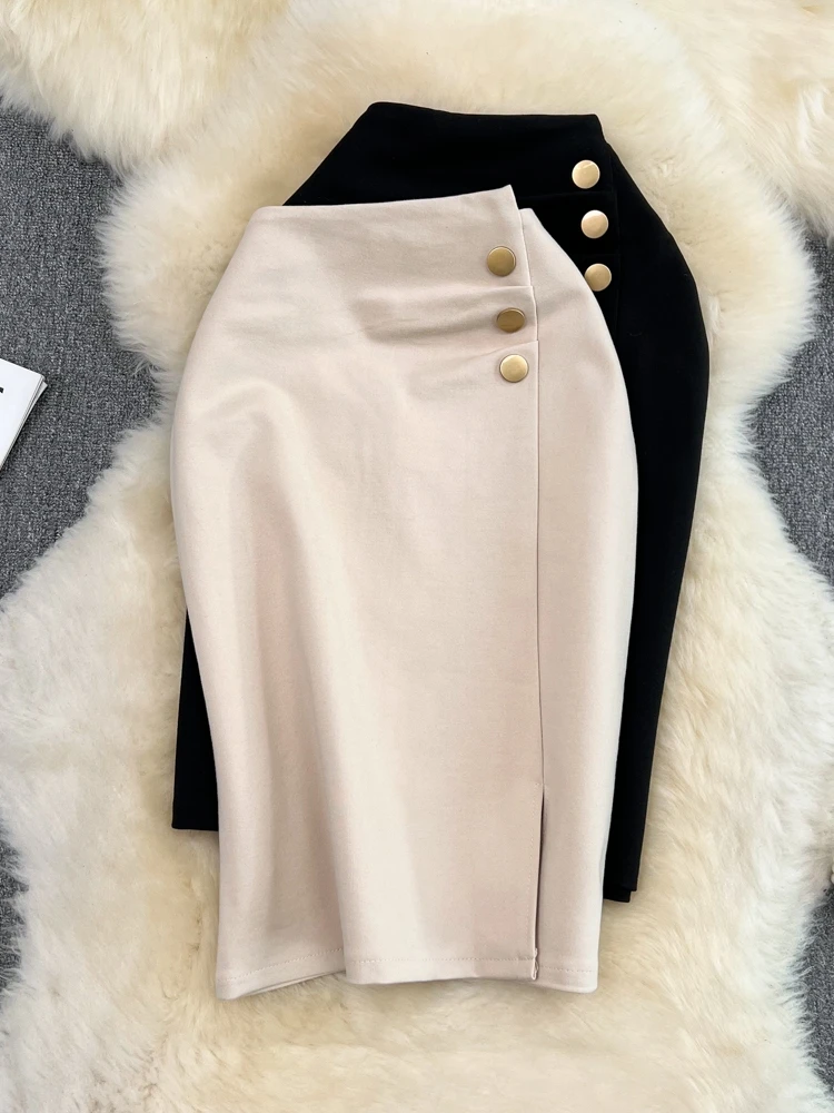 

Faionable Pure Color Asymmetrical High Waist Busin Women's Skirt with Zipper And Button Korean Sle A-Line Skirt