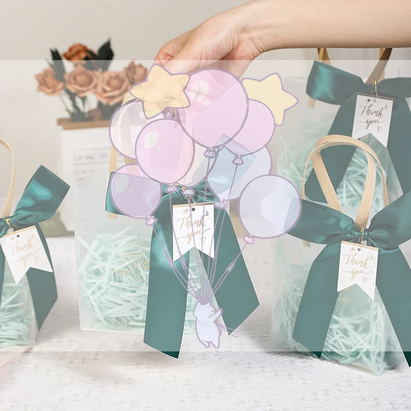 

10 шт., прозрачный подарочный пакет из ПВХ с розовой лентой, пластиковая большая сумка, подарочная упаковка, сумка для упаковки праздничных подарков, покупки, товары на день рождения