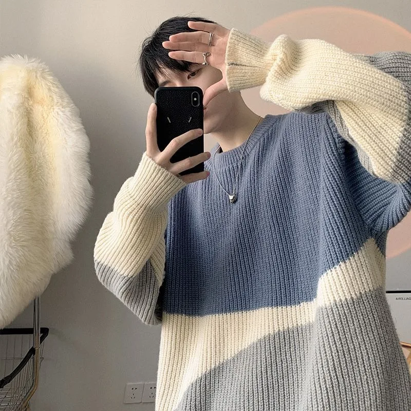 スプライシングカラーメンズニットセータークルーネックゆったり若い学生怠惰なスタイルニットウェアオリジナル原宿Y2k韓国プルオーバー男性